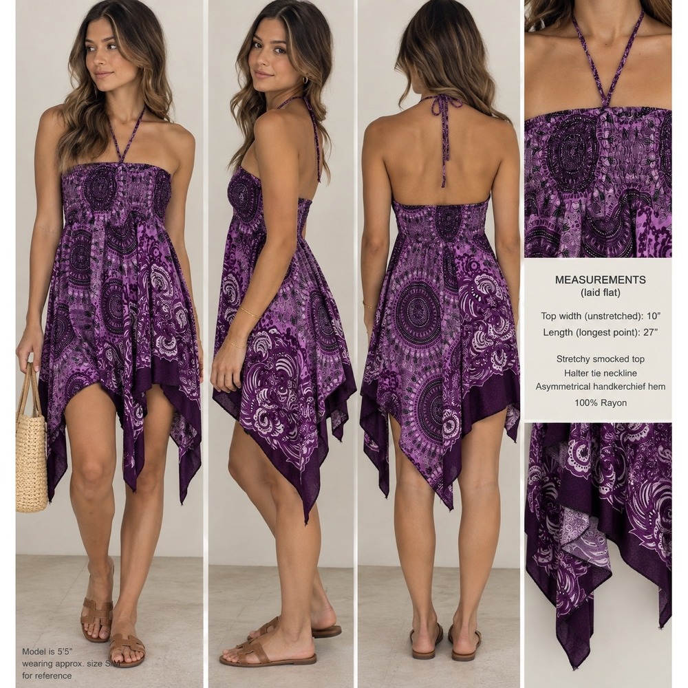 Purple Mandala Paisley Smocked Halter Handkerchief Hem Mini Dress OS